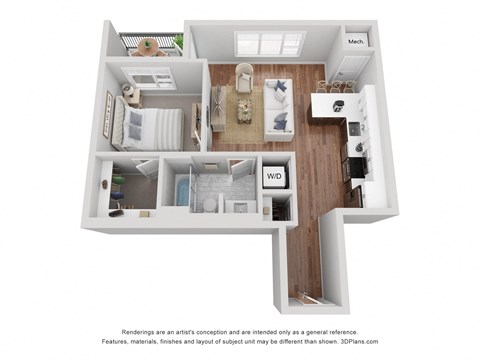 the A2 floor plan is 1 Bed, 1 Bath at 719 sq. ft. From the entry door, to the left is the washer/dryer closet, followed by the bathroom, bedroom, and patio. From the entry door, to the right is the kitchen, followed by the living room and patio.